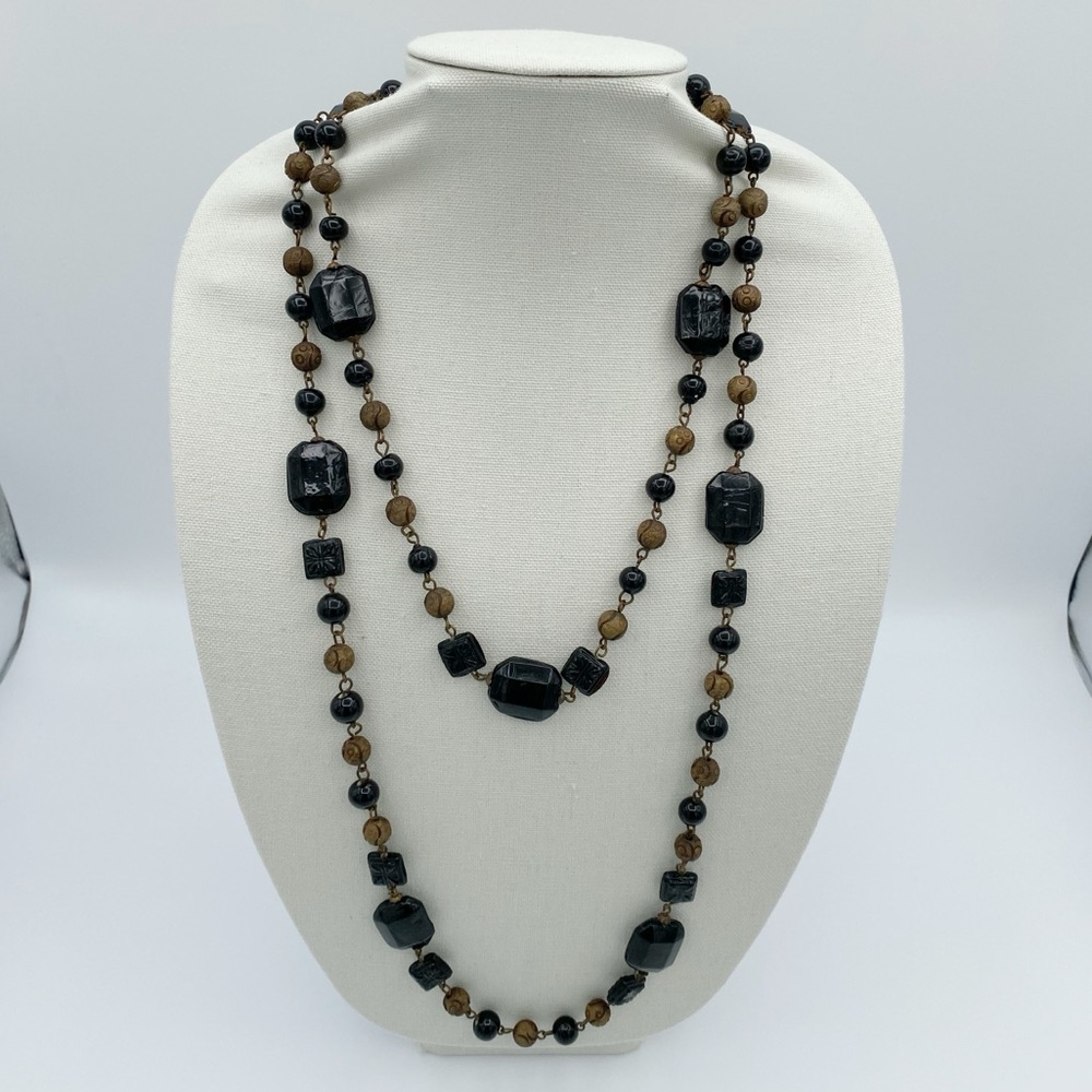 Long Black Ceramic, Acrylic & Bronze Color Beaded Two Strand Necklace